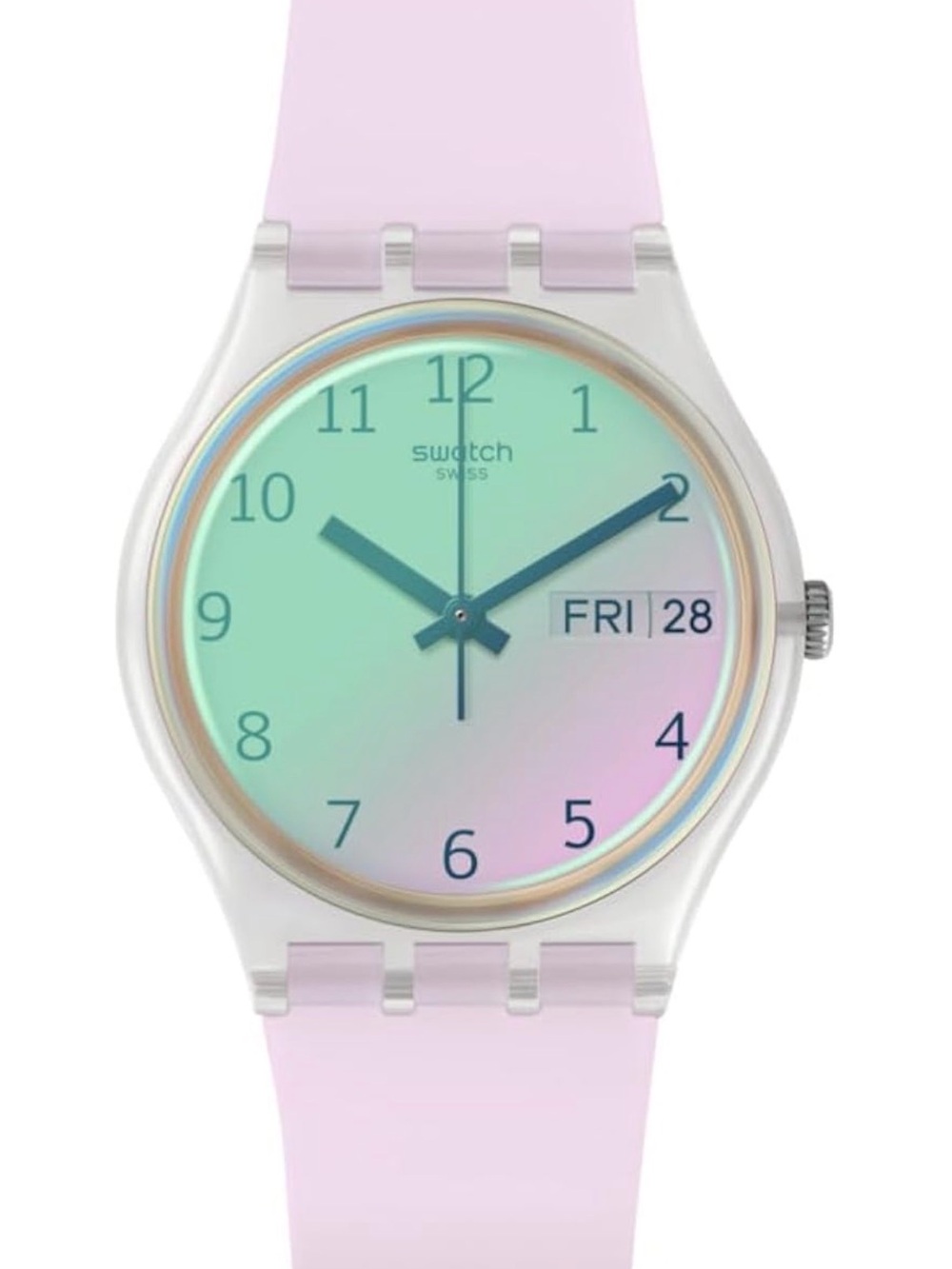 Swatch Pink Silicone Watch with Iridescent Dial